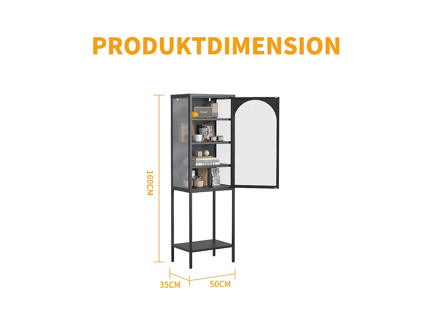 Armoire de rangement métallique avec portes en verre, 5 étagères, étagère ajustable, métal et verre, noir (50x35x160 cm)