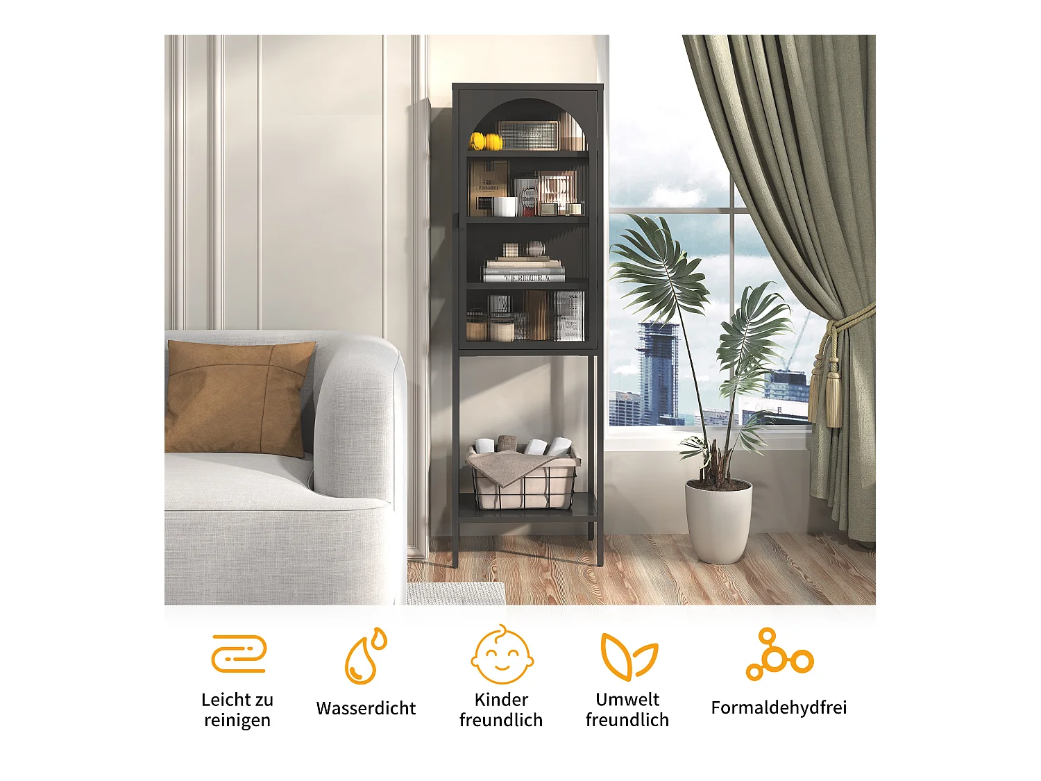 Armoire de rangement métallique avec portes en verre, 5 étagères, étagère ajustable, métal et verre, noir (50x35x160 cm)