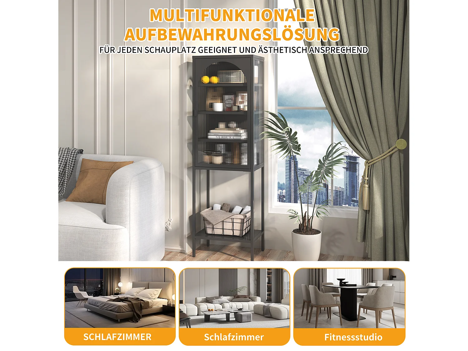 Armoire de rangement métallique avec portes en verre, 5 étagères, étagère ajustable, métal et verre, noir (50x35x160 cm)