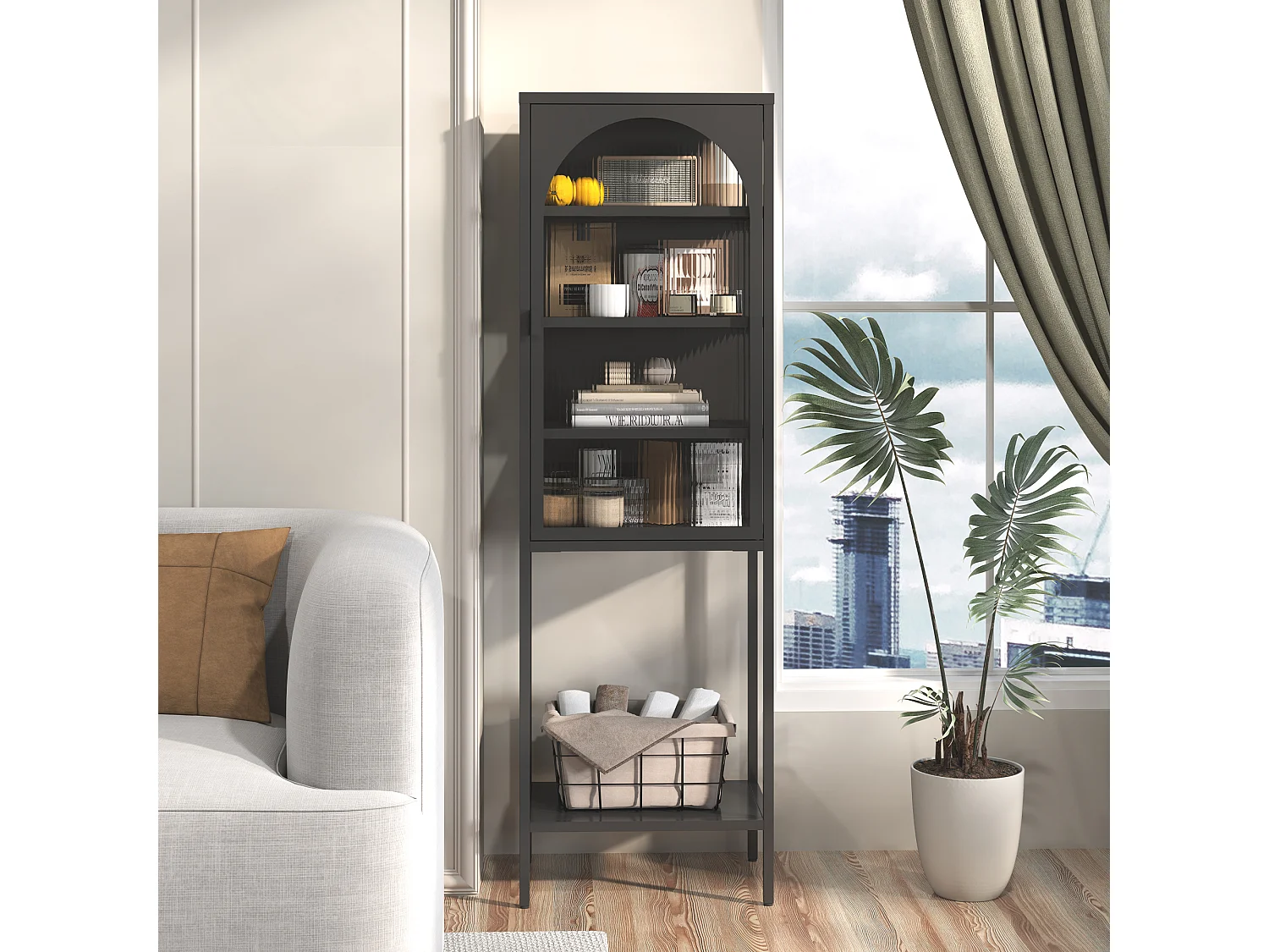 Armoire de rangement métallique avec portes en verre, 5 étagères, étagère ajustable, métal et verre, noir (50x35x160 cm)