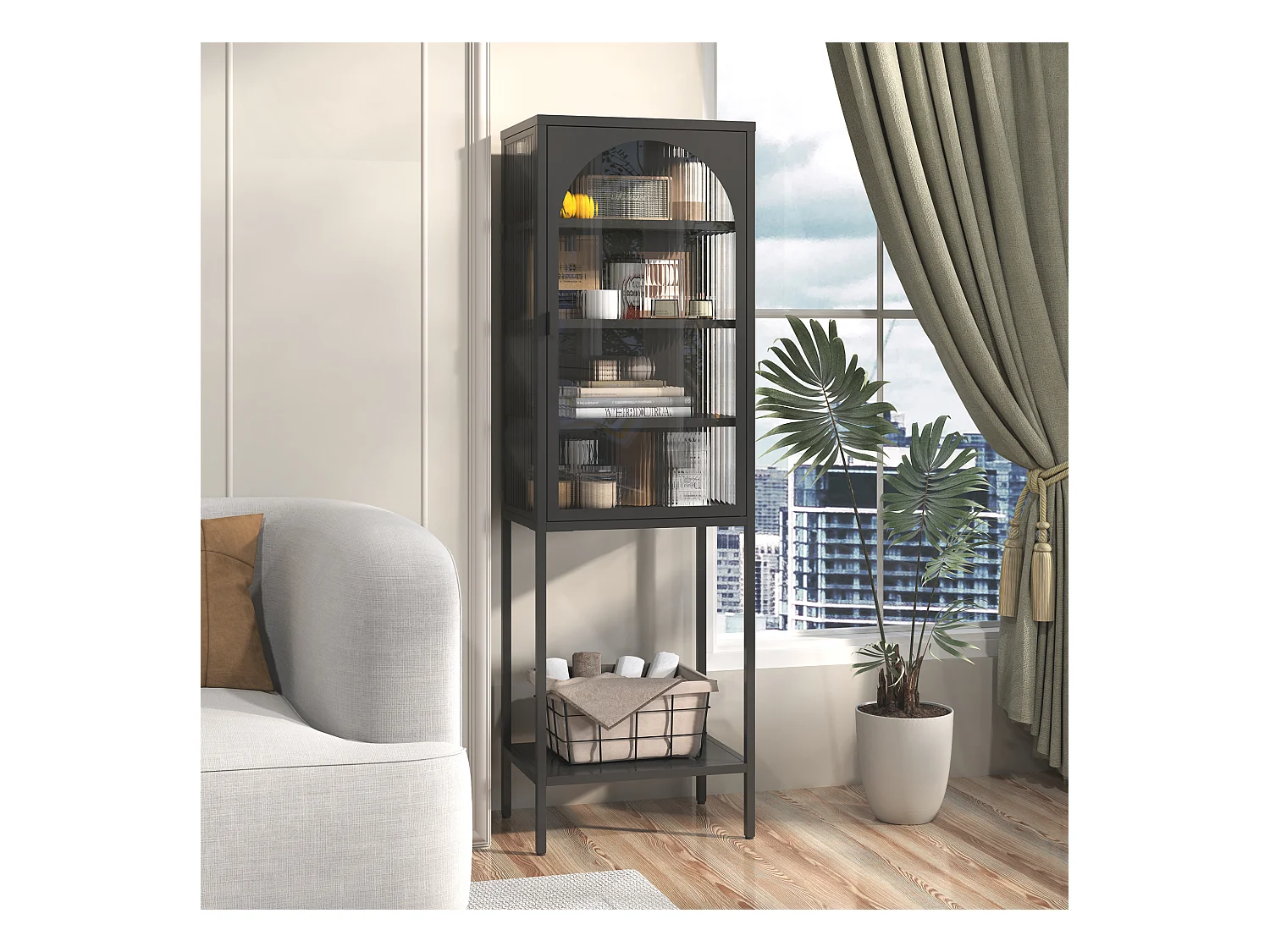 Armoire de rangement métallique avec portes en verre, 5 étagères, étagère ajustable, métal et verre, noir (50x35x160 cm)