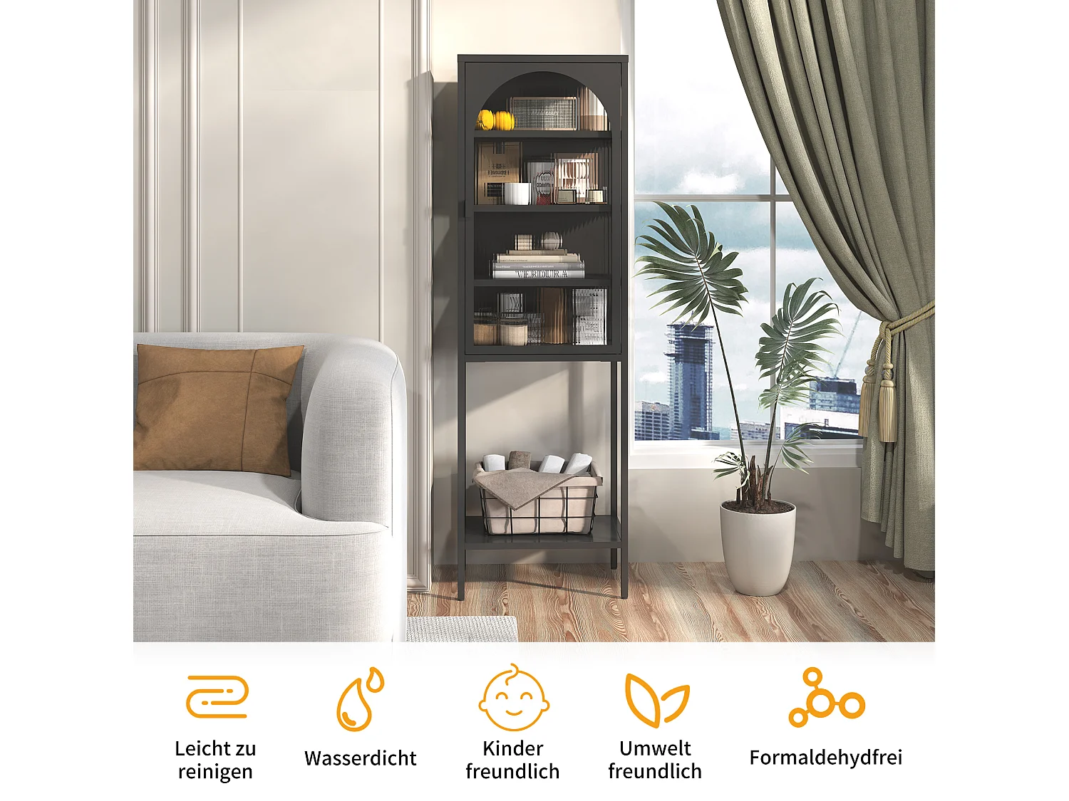 Armoire de rangement métallique avec portes en verre, 5 étagères, étagère ajustable, métal et verre, noir (50x35x160 cm)