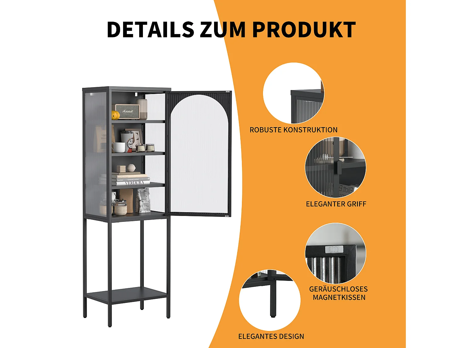 Armoire de rangement métallique avec portes en verre, 5 étagères, étagère ajustable, métal et verre, noir (50x35x160 cm)