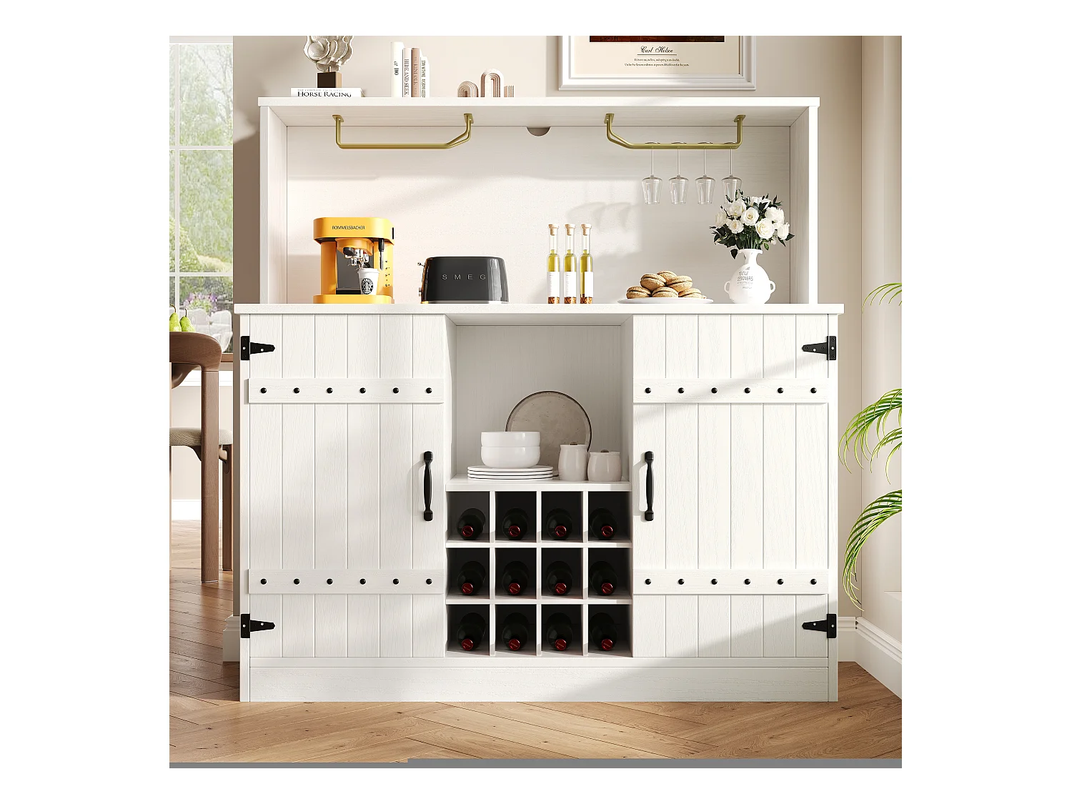 Buffet design moderne, MDF, bois naturel, métal, blanc et noir, avec étagères ajustables (120x40x120 cm)