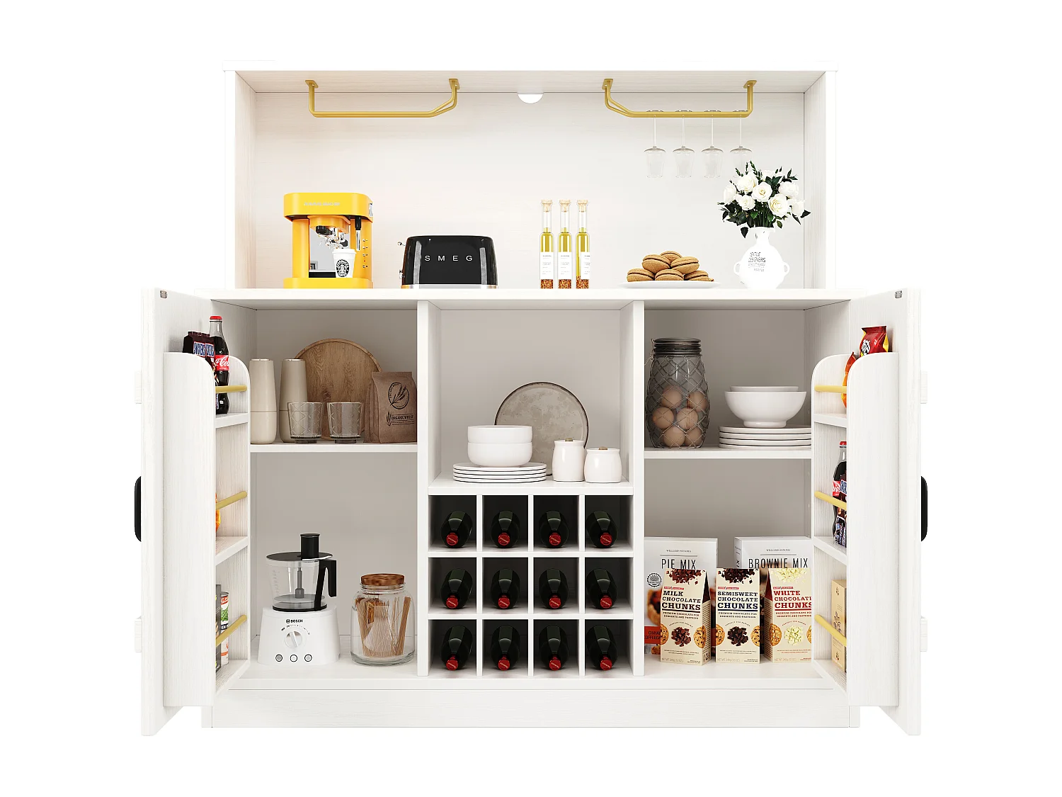 Buffet design moderne, MDF, bois naturel, métal, blanc et noir, avec étagères ajustables (120x40x120 cm)