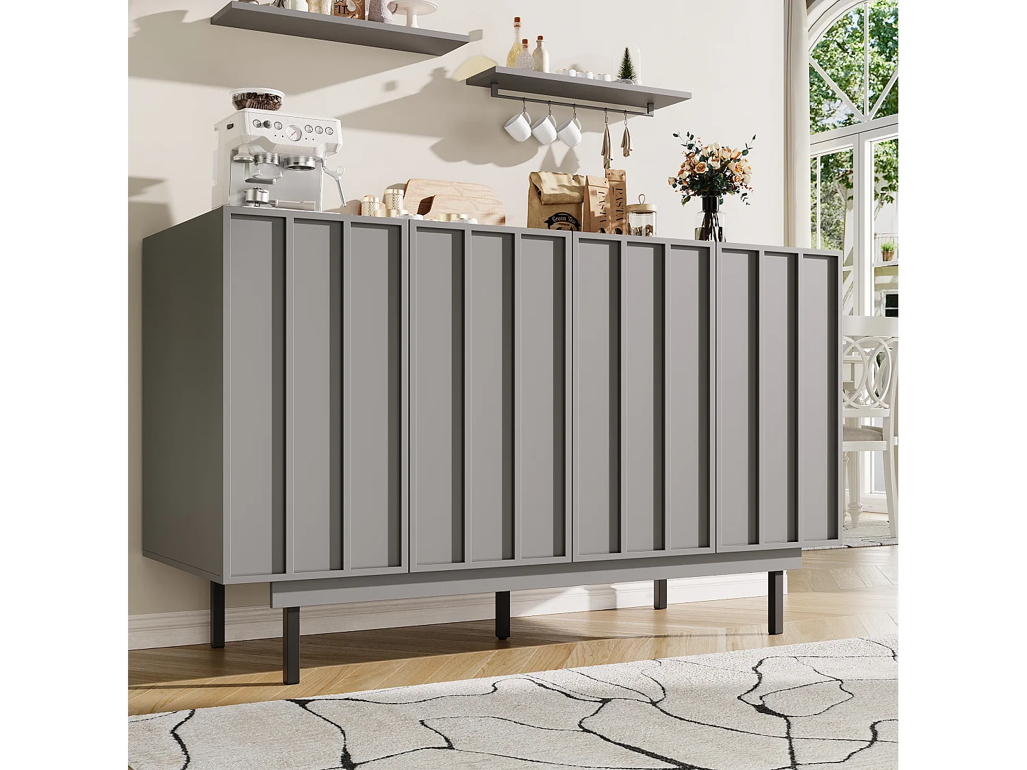 Meuble de rangement pour salle à manger, design minimaliste, MDF, gris, avec 4 portes et 2 tiroirs (140x38.5x82.5 cm)