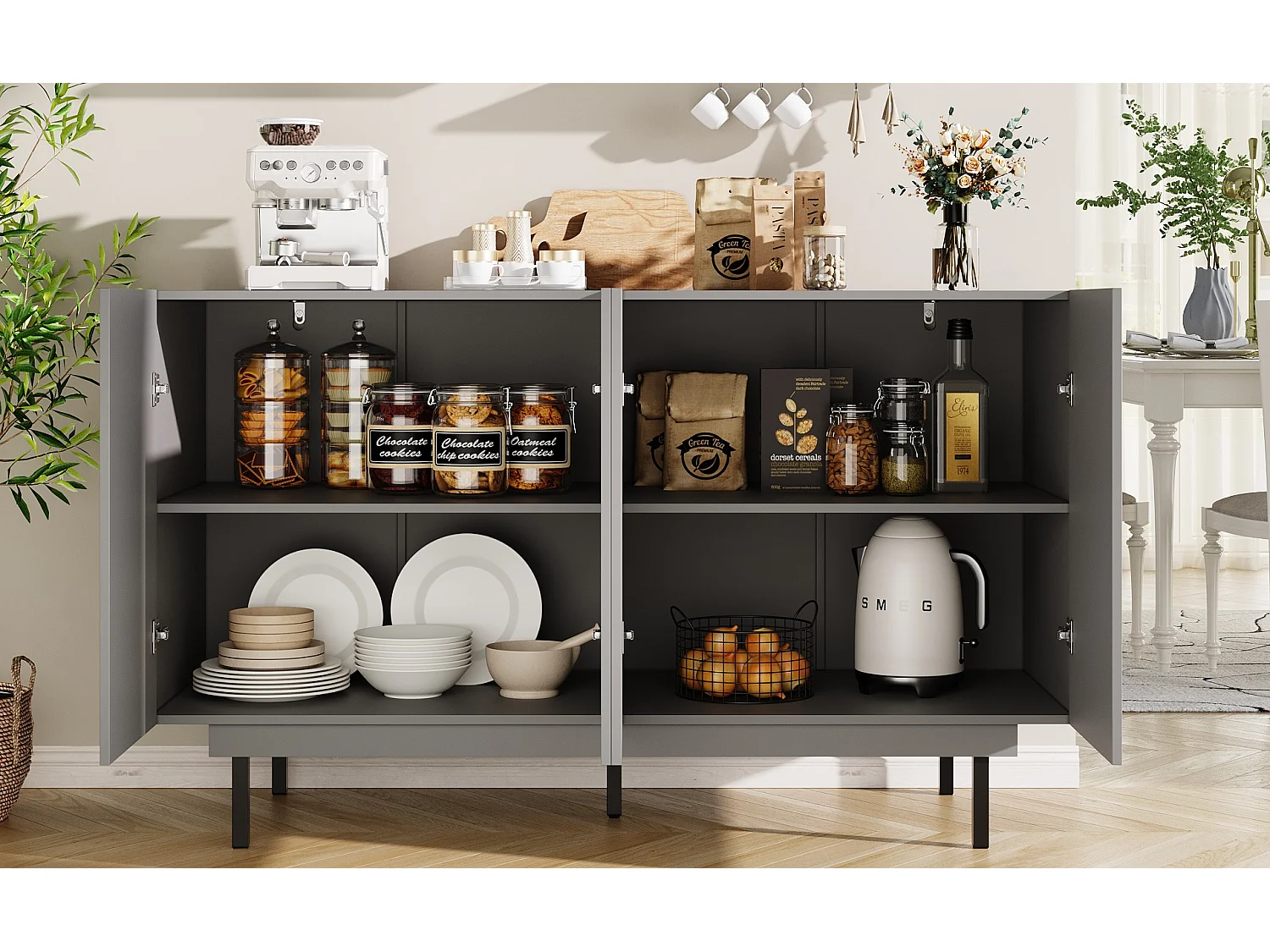 Meuble de rangement pour salle à manger, design minimaliste, MDF, gris, avec 4 portes et 2 tiroirs (140x38.5x82.5 cm)