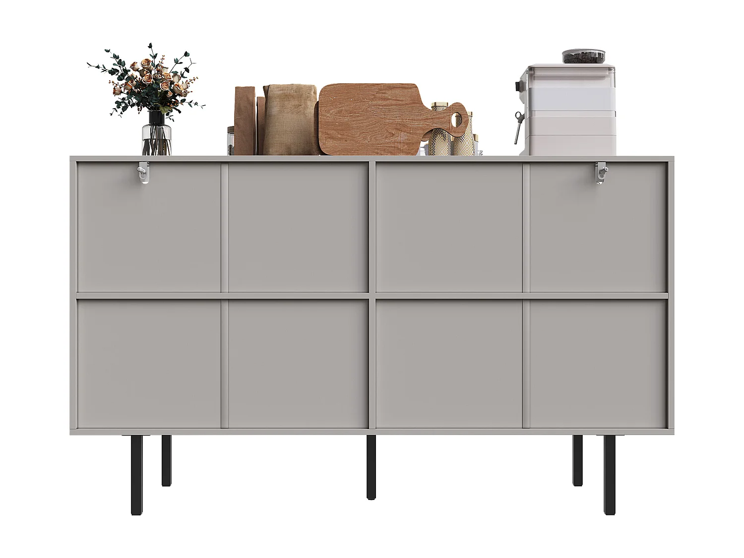 Meuble de rangement pour salle à manger, design minimaliste, MDF, gris, avec 4 portes et 2 tiroirs (140x38.5x82.5 cm)