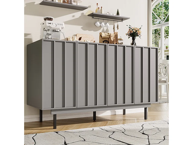 Meuble de rangement pour salle à manger, design minimaliste, MDF, gris, avec 4 portes et 2 tiroirs (140x38.5x82.5 cm)