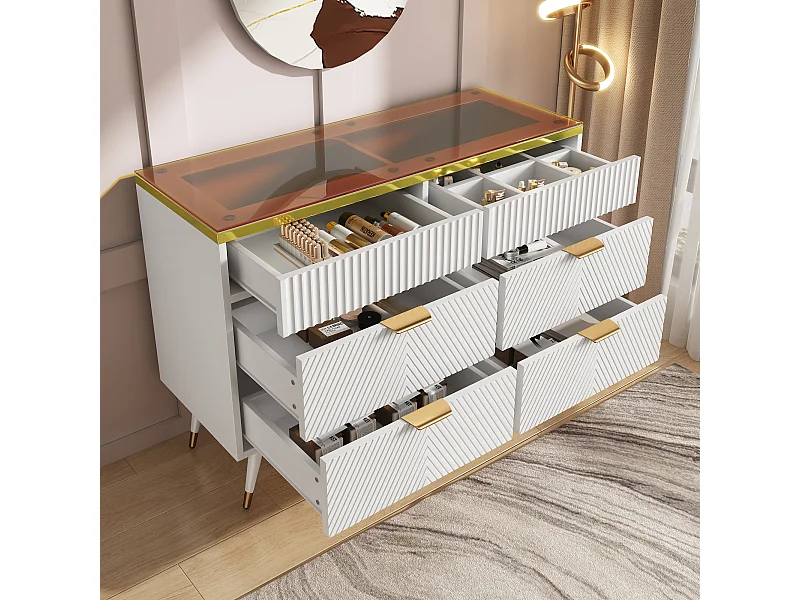 Amberkleurige glazen ladekast met 6 lades, scheidingswand, kantelbeveiliging, hoge kast voor slaapkamer en woonkamer, wit (120x40x76 cm)