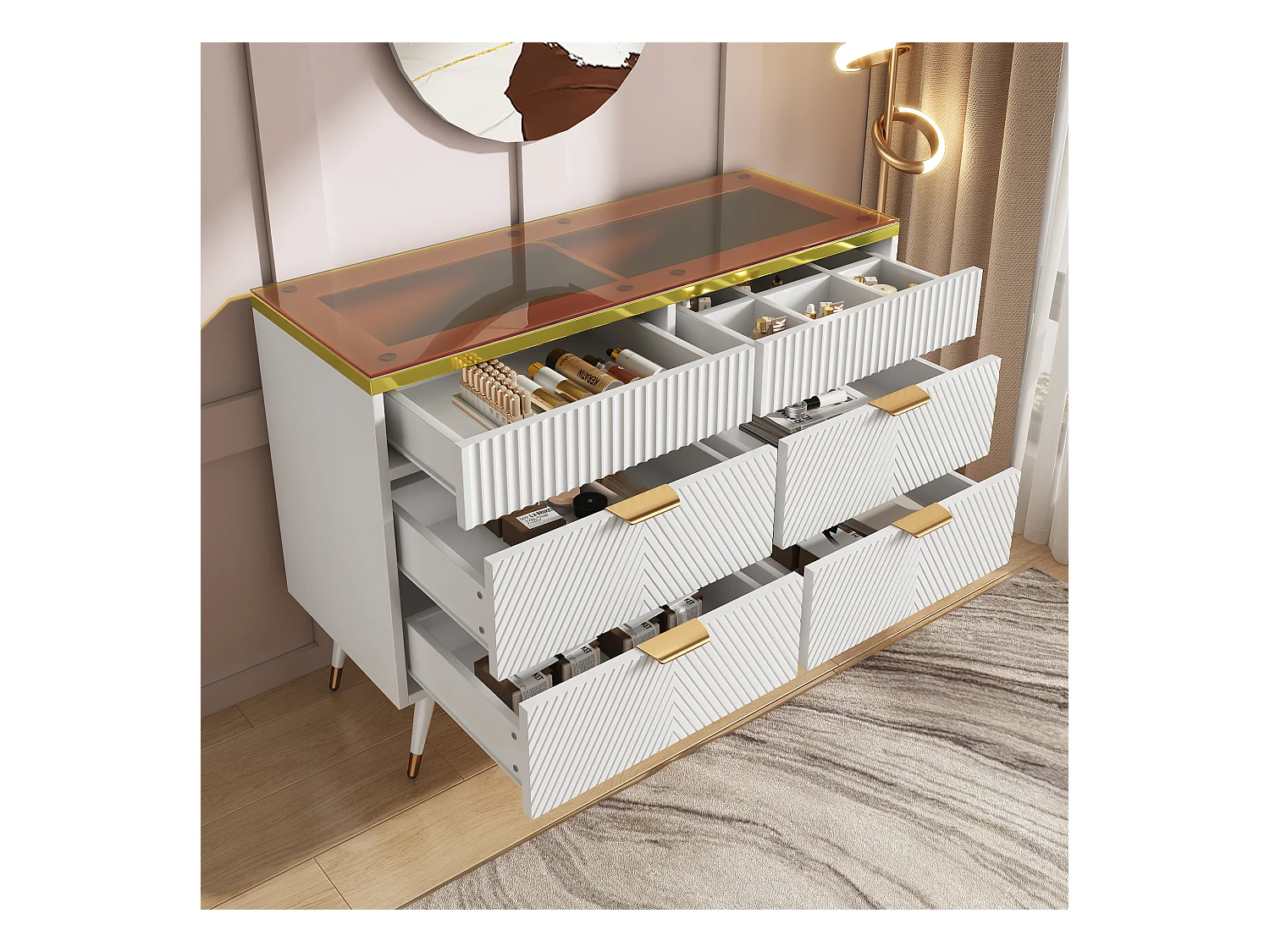 Commode Buffet en verre ambre, 6 tiroirs, séparation, anti-basculement, armoire haute pour chambre et espaces de vie, blanc (120x40x76 cm)