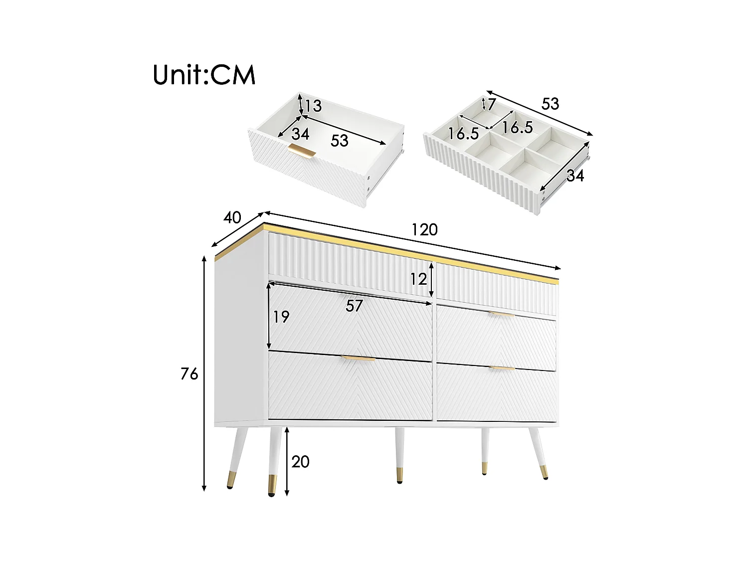 Commode Buffet en verre ambre, 6 tiroirs, séparation, anti-basculement, armoire haute pour chambre et espaces de vie, blanc (120x40x76 cm)