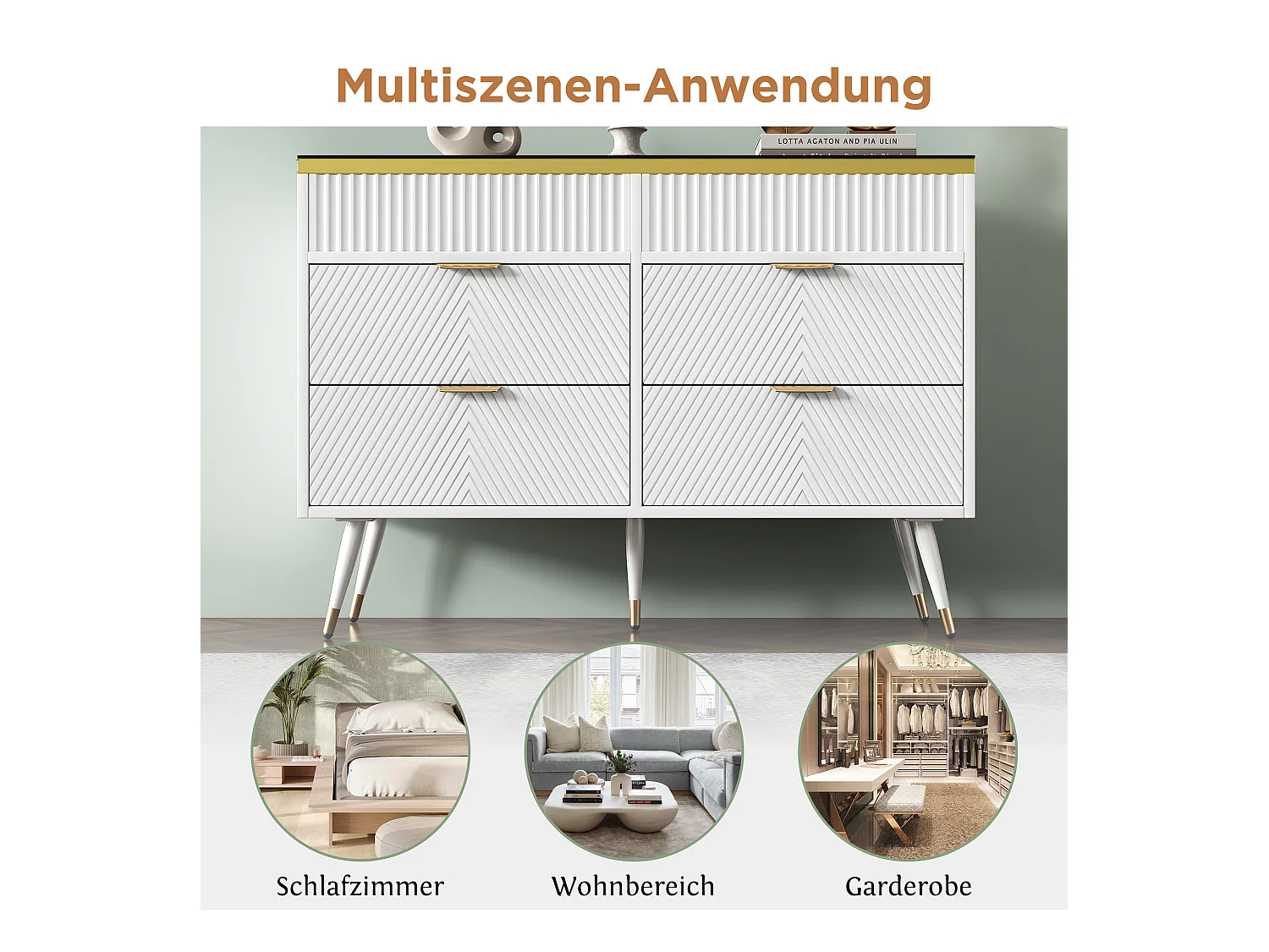 Commode Buffet en verre ambre, 6 tiroirs, séparation, anti-basculement, armoire haute pour chambre et espaces de vie, blanc (120x40x76 cm)