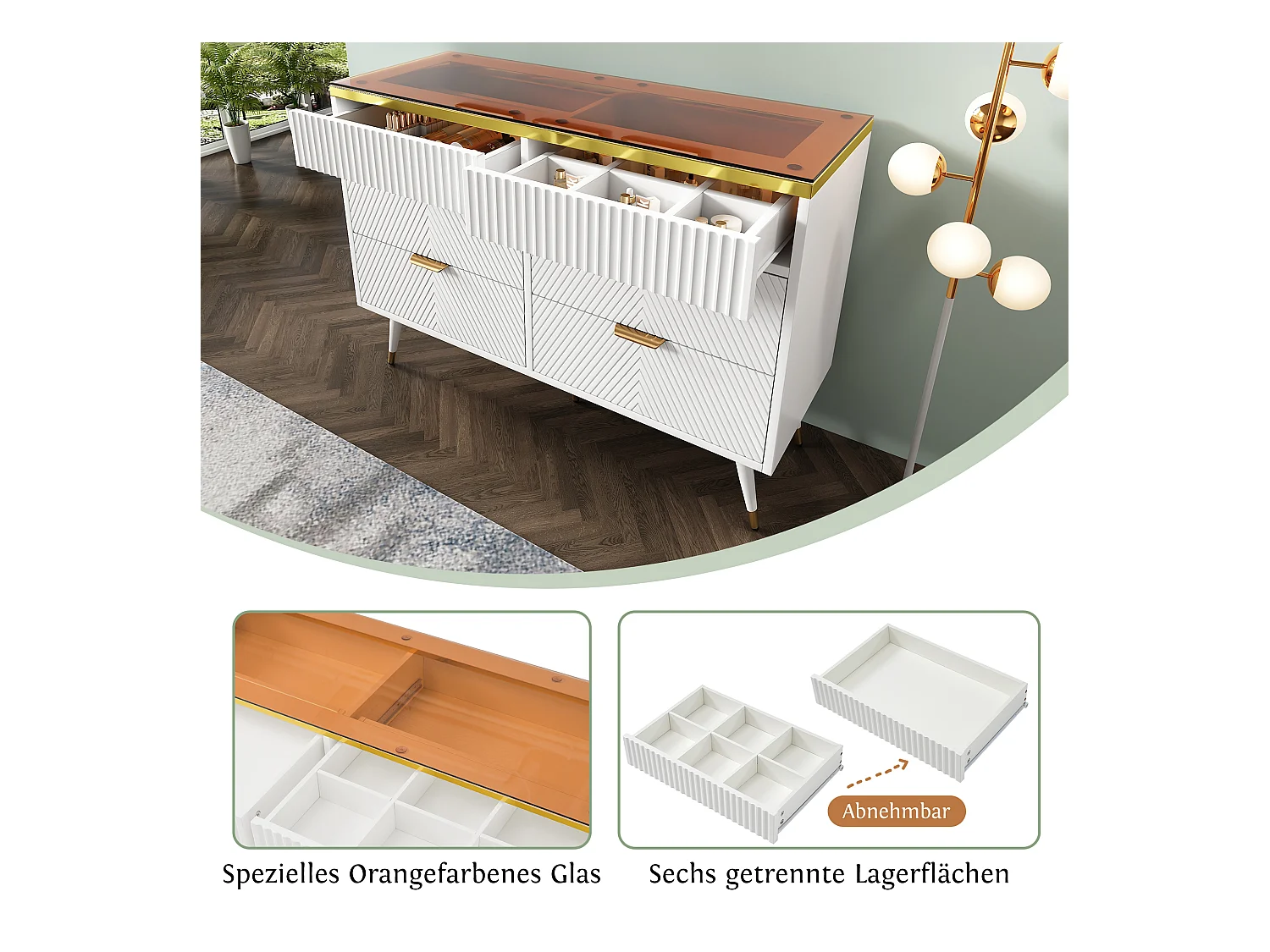 Commode Buffet en verre ambre, 6 tiroirs, séparation, anti-basculement, armoire haute pour chambre et espaces de vie, blanc (120x40x76 cm)