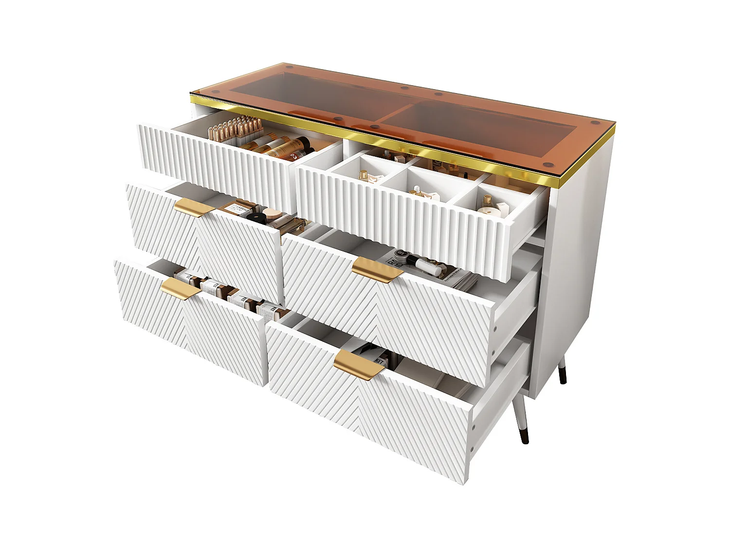 Commode Buffet en verre ambre, 6 tiroirs, séparation, anti-basculement, armoire haute pour chambre et espaces de vie, blanc (120x40x76 cm)