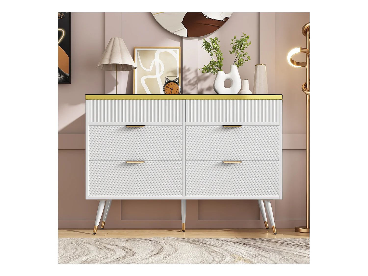 Commode Buffet en verre ambre, 6 tiroirs, séparation, anti-basculement, armoire haute pour chambre et espaces de vie, blanc (120x40x76 cm)