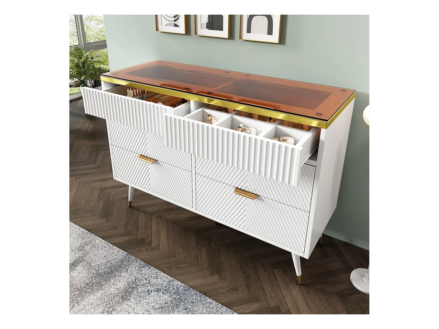 Commode Buffet en verre ambre, 6 tiroirs, séparation, anti-basculement, armoire haute pour chambre et espaces de vie, blanc (120x40x76 cm)