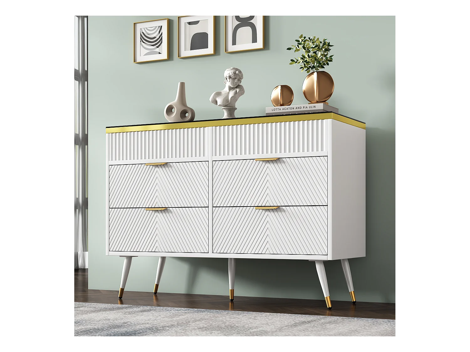 Commode Buffet en verre ambre, 6 tiroirs, séparation, anti-basculement, armoire haute pour chambre et espaces de vie, blanc (120x40x76 cm)