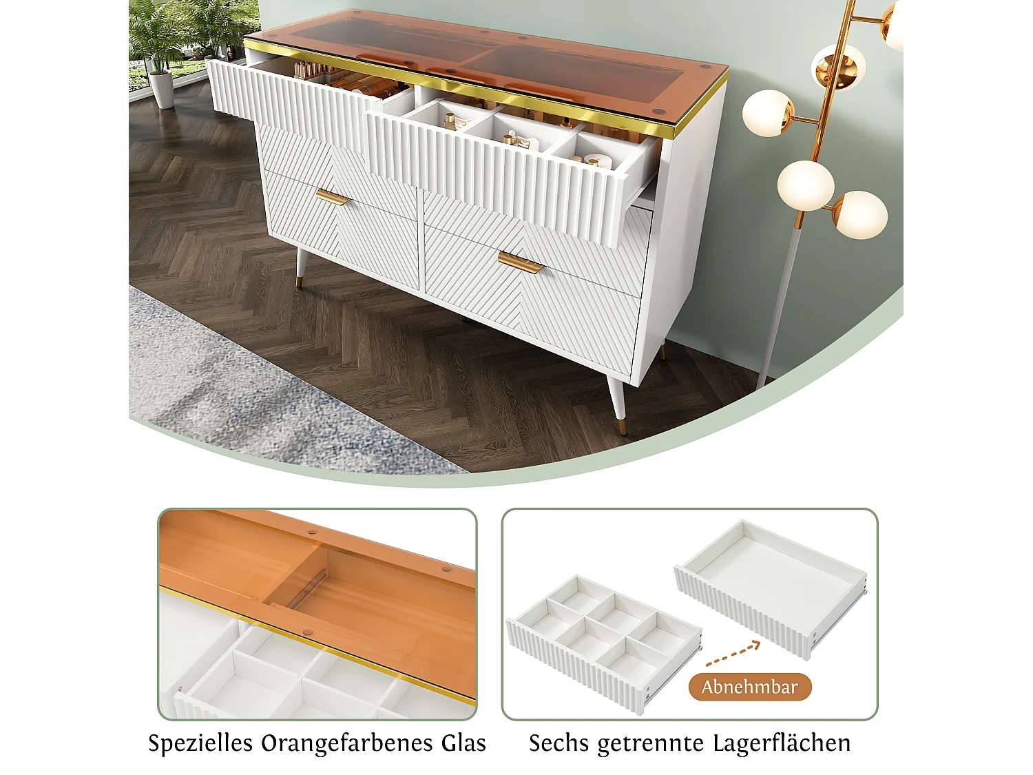 Commode Buffet en verre ambre, 6 tiroirs, séparation, anti-basculement, armoire haute pour chambre et espaces de vie, blanc (120x40x76 cm)