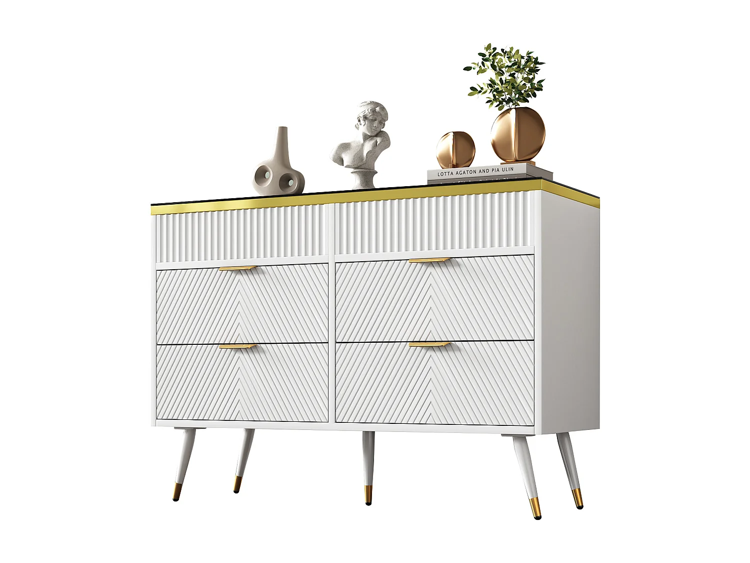 Commode Buffet en verre ambre, 6 tiroirs, séparation, anti-basculement, armoire haute pour chambre et espaces de vie, blanc (120x40x76 cm)