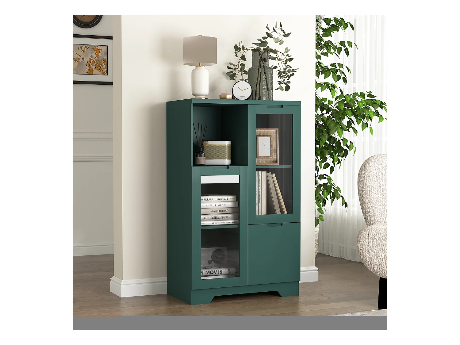 Armoire en MDF avec portes en verre et tiroir, espace de rangement ouvert, vert (65x30x100 cm)