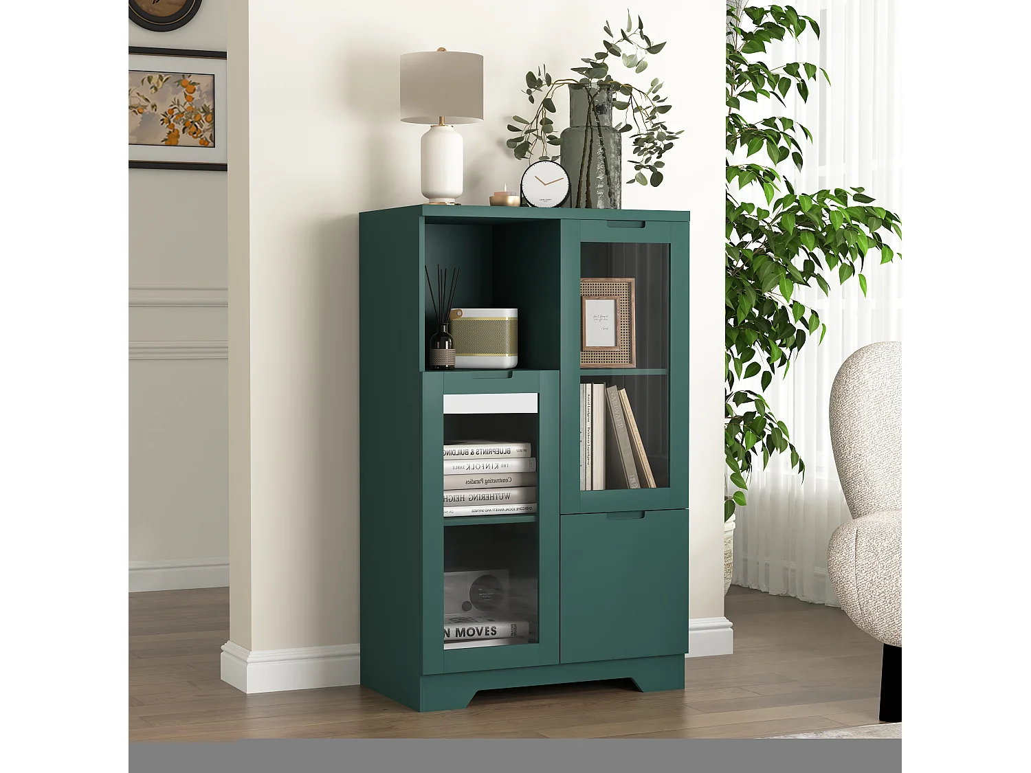 Mobiletto in MDF con ante in vetro e cassetto, vano portaoggetti aperto, verde (65x30x100 cm)