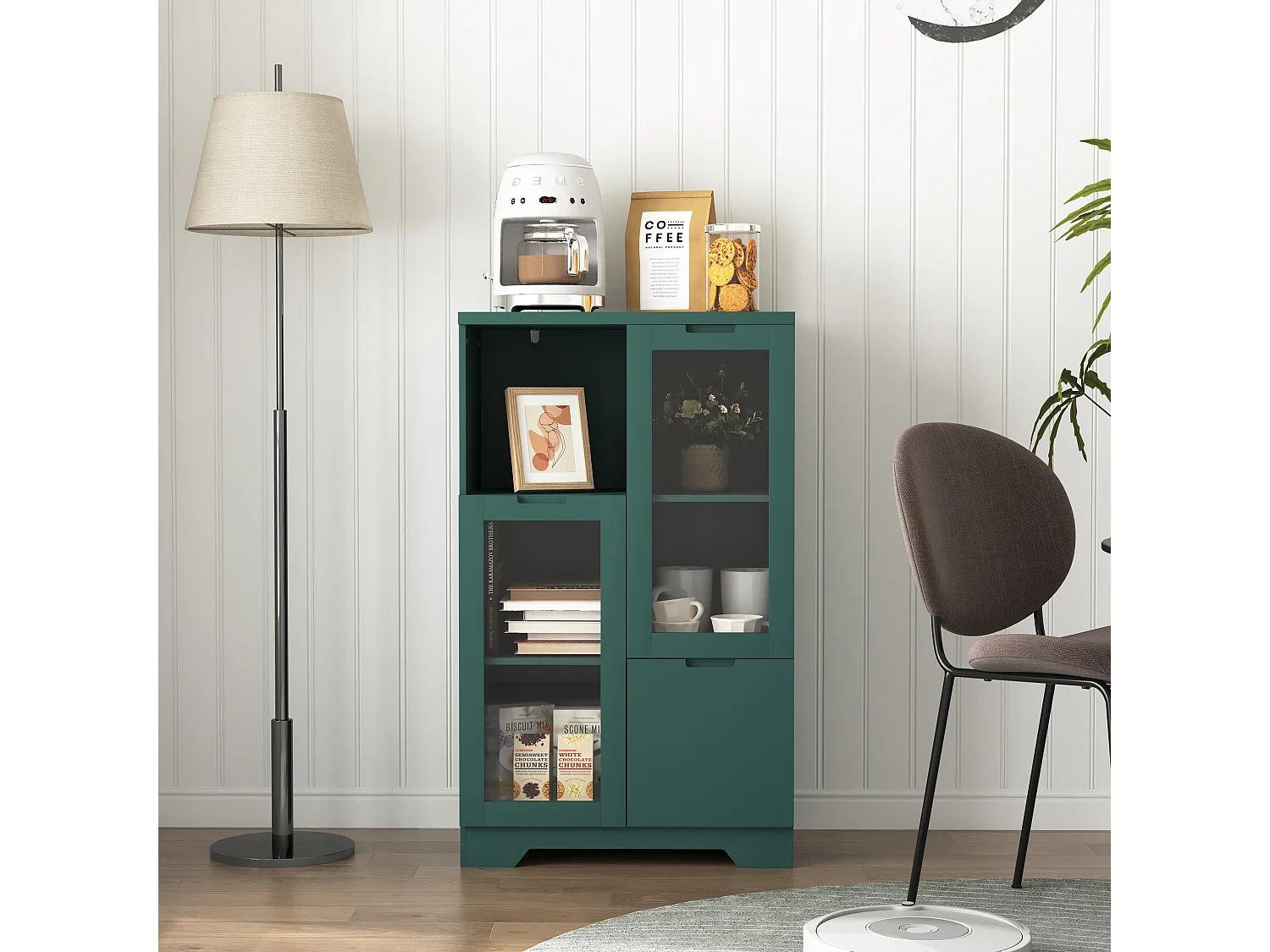 Mobiletto in MDF con ante in vetro e cassetto, vano portaoggetti aperto, verde (65x30x100 cm)