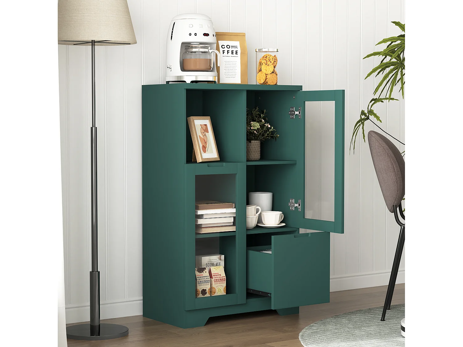 Mobiletto in MDF con ante in vetro e cassetto, vano portaoggetti aperto, verde (65x30x100 cm)