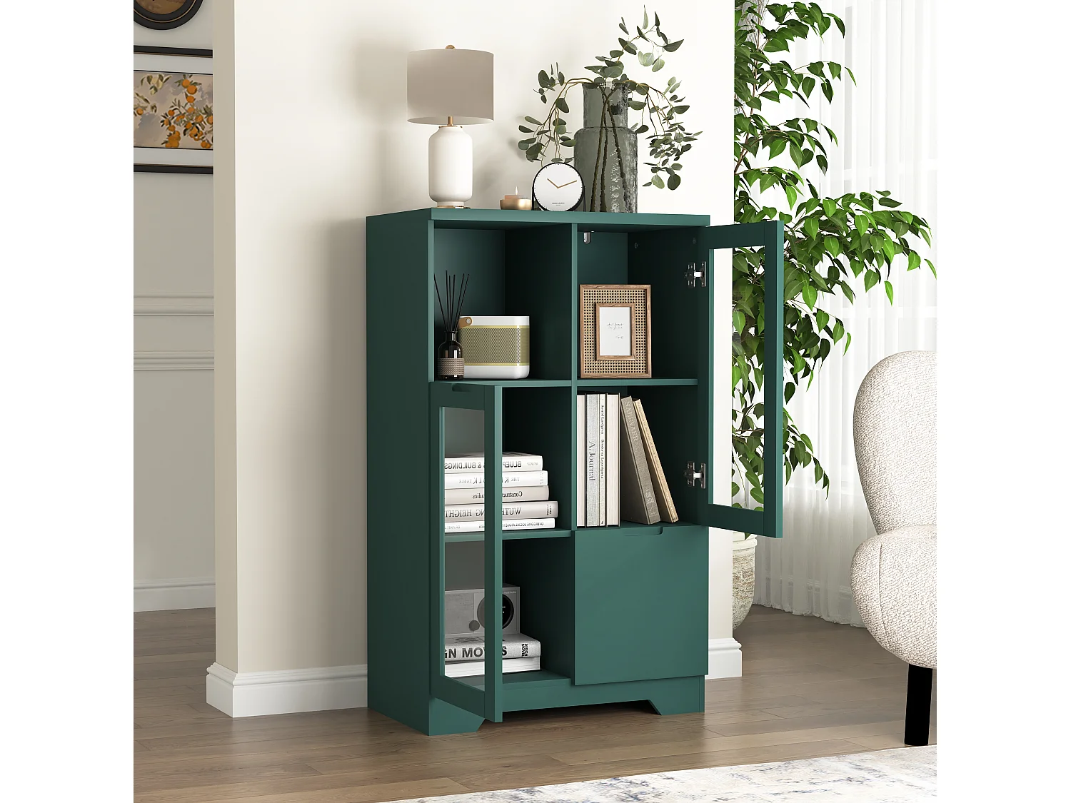 Mobiletto in MDF con ante in vetro e cassetto, vano portaoggetti aperto, verde (65x30x100 cm)