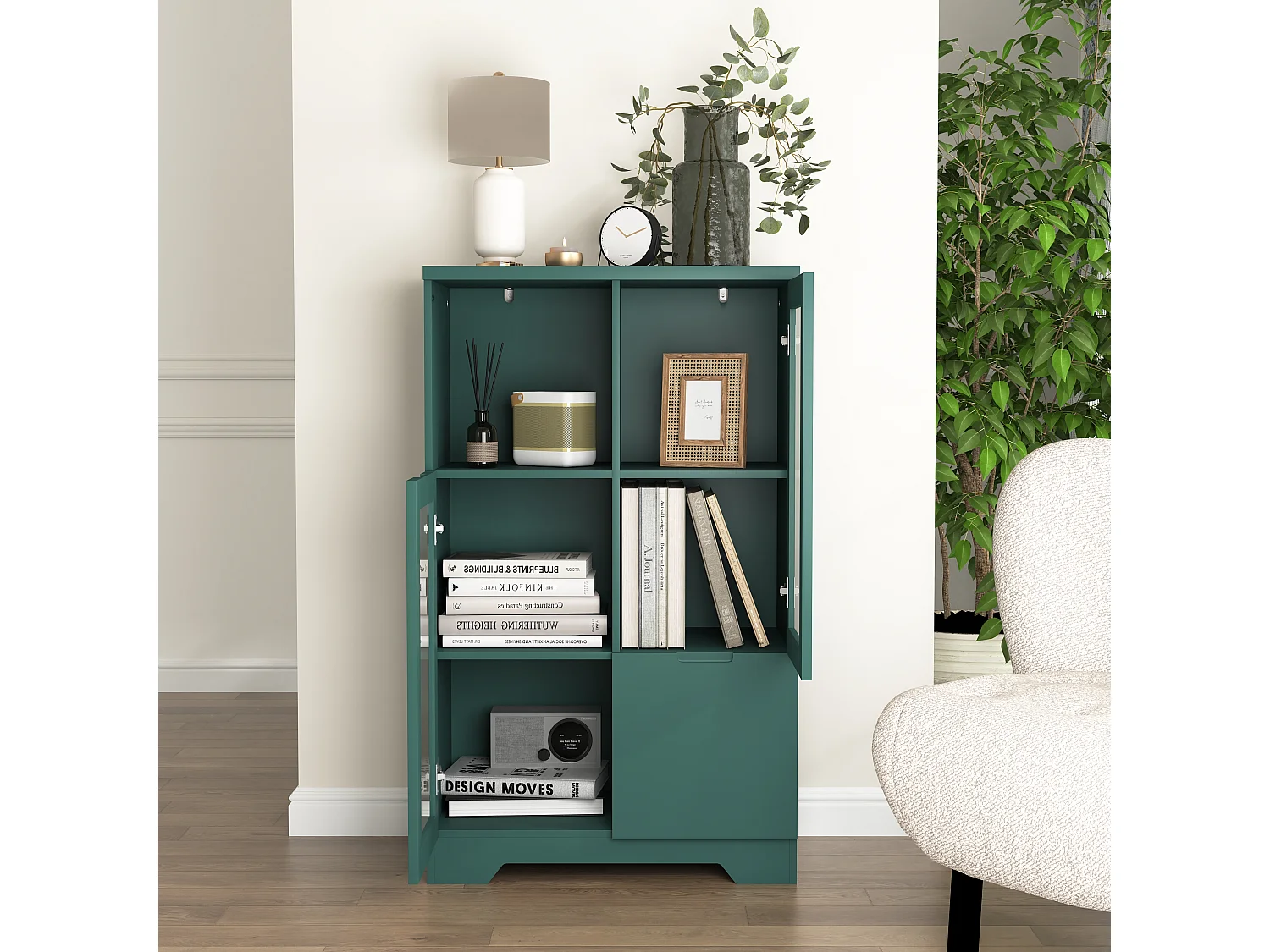 Mobiletto in MDF con ante in vetro e cassetto, vano portaoggetti aperto, verde (65x30x100 cm)