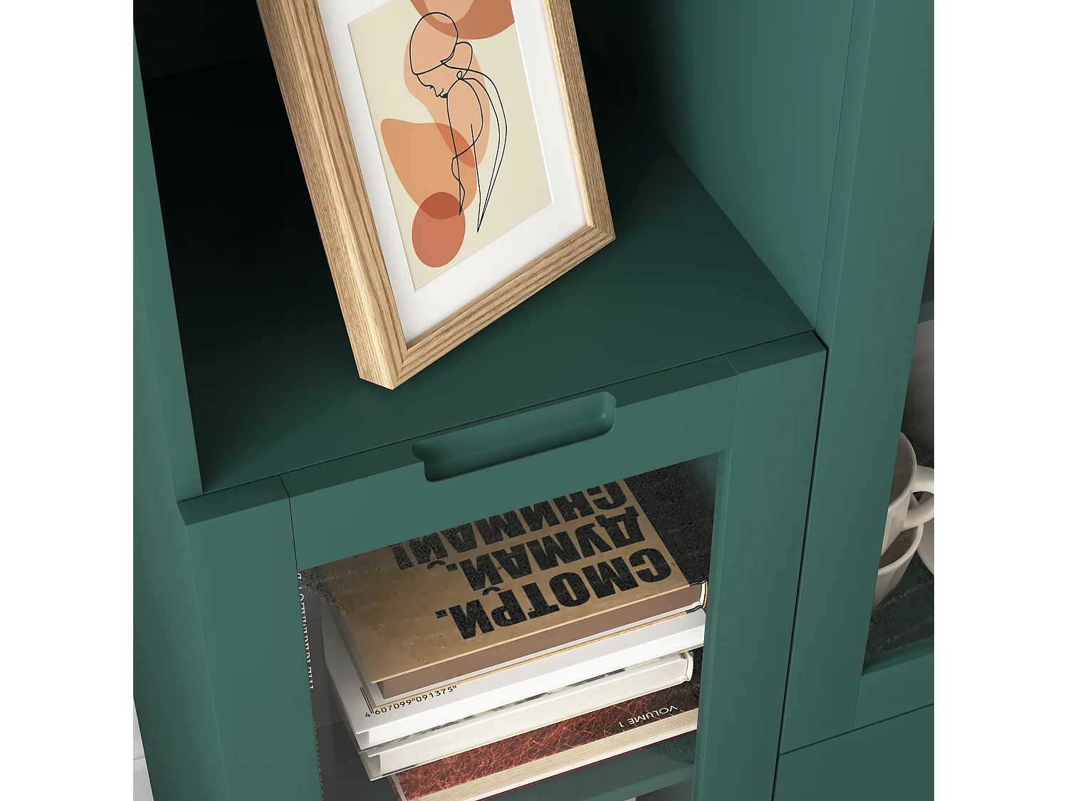 Mobiletto in MDF con ante in vetro e cassetto, vano portaoggetti aperto, verde (65x30x100 cm)