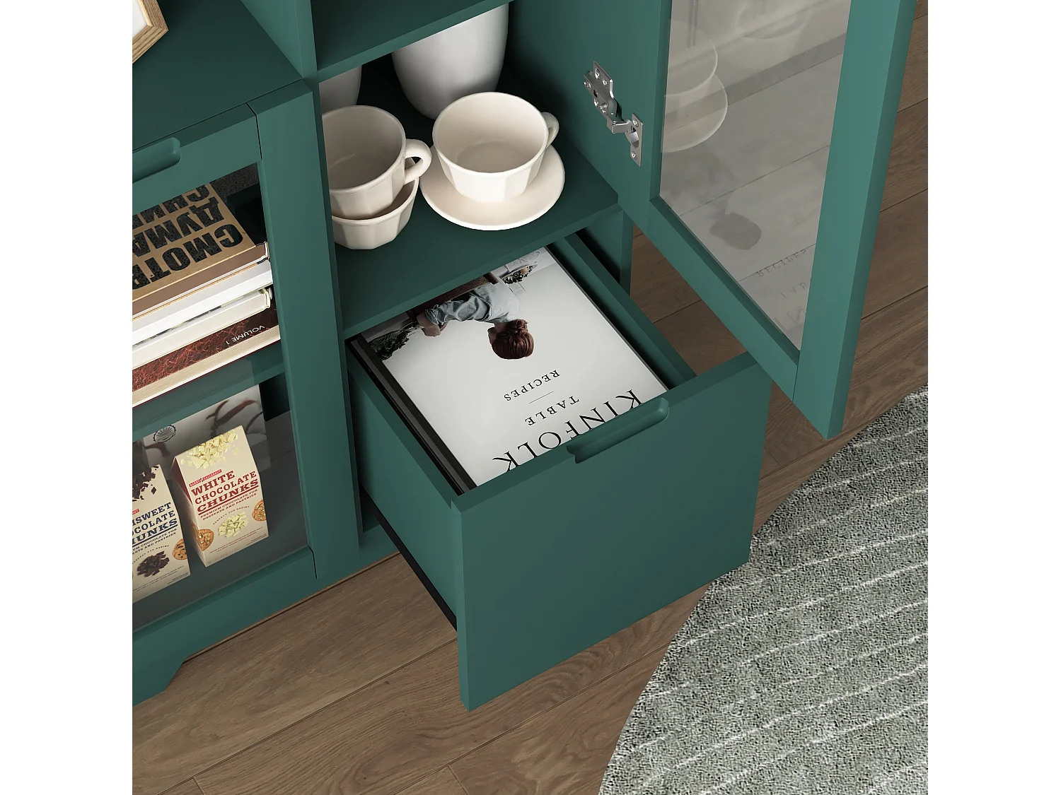 Mobiletto in MDF con ante in vetro e cassetto, vano portaoggetti aperto, verde (65x30x100 cm)