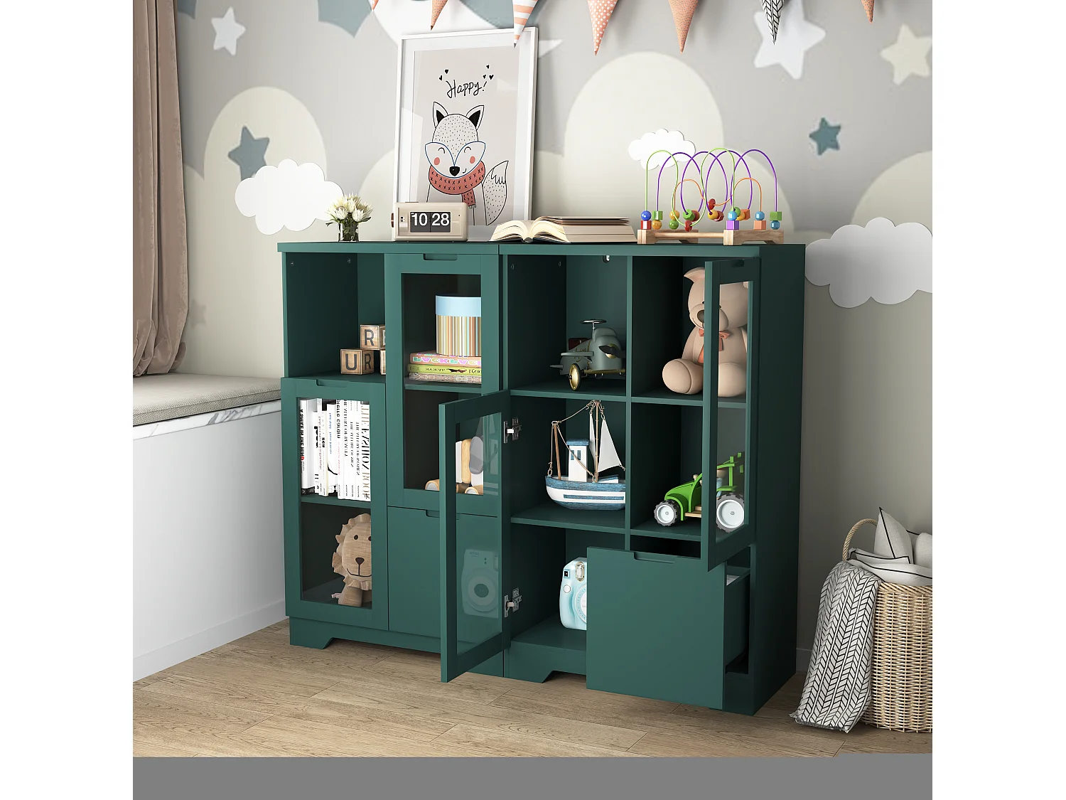 Mobiletto in MDF con ante in vetro e cassetto, vano portaoggetti aperto, verde (65x30x100 cm)