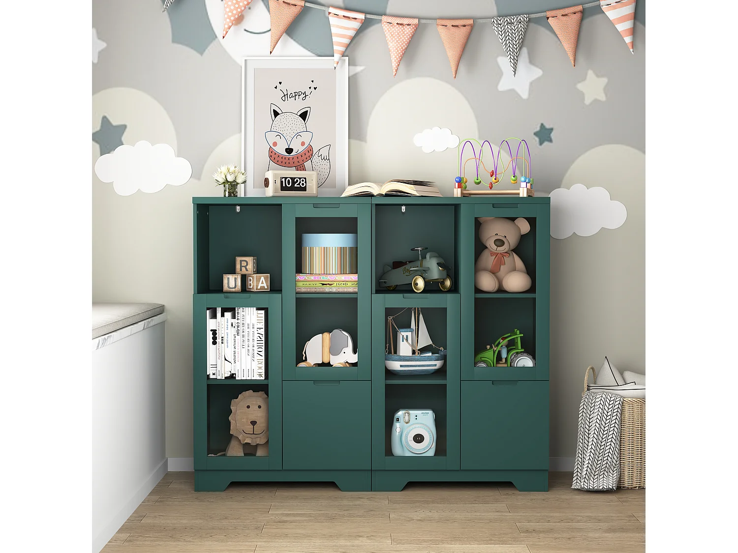 Mobiletto in MDF con ante in vetro e cassetto, vano portaoggetti aperto, verde (65x30x100 cm)