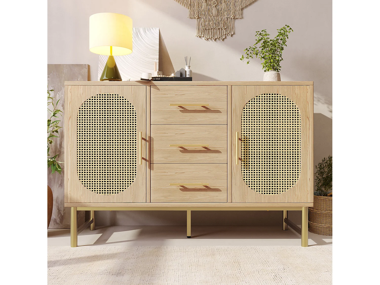 Rattan Buffet, 3 tiroirs et 2 portes en rattan, design moderne, bois, blanc, avec étagères réglables (120x40x74 cm)