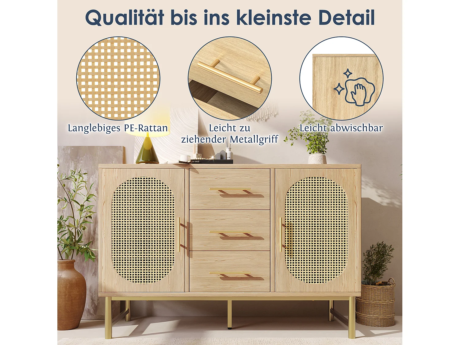 Rattan Buffet, 3 tiroirs et 2 portes en rattan, design moderne, bois, blanc, avec étagères réglables (120x40x74 cm)
