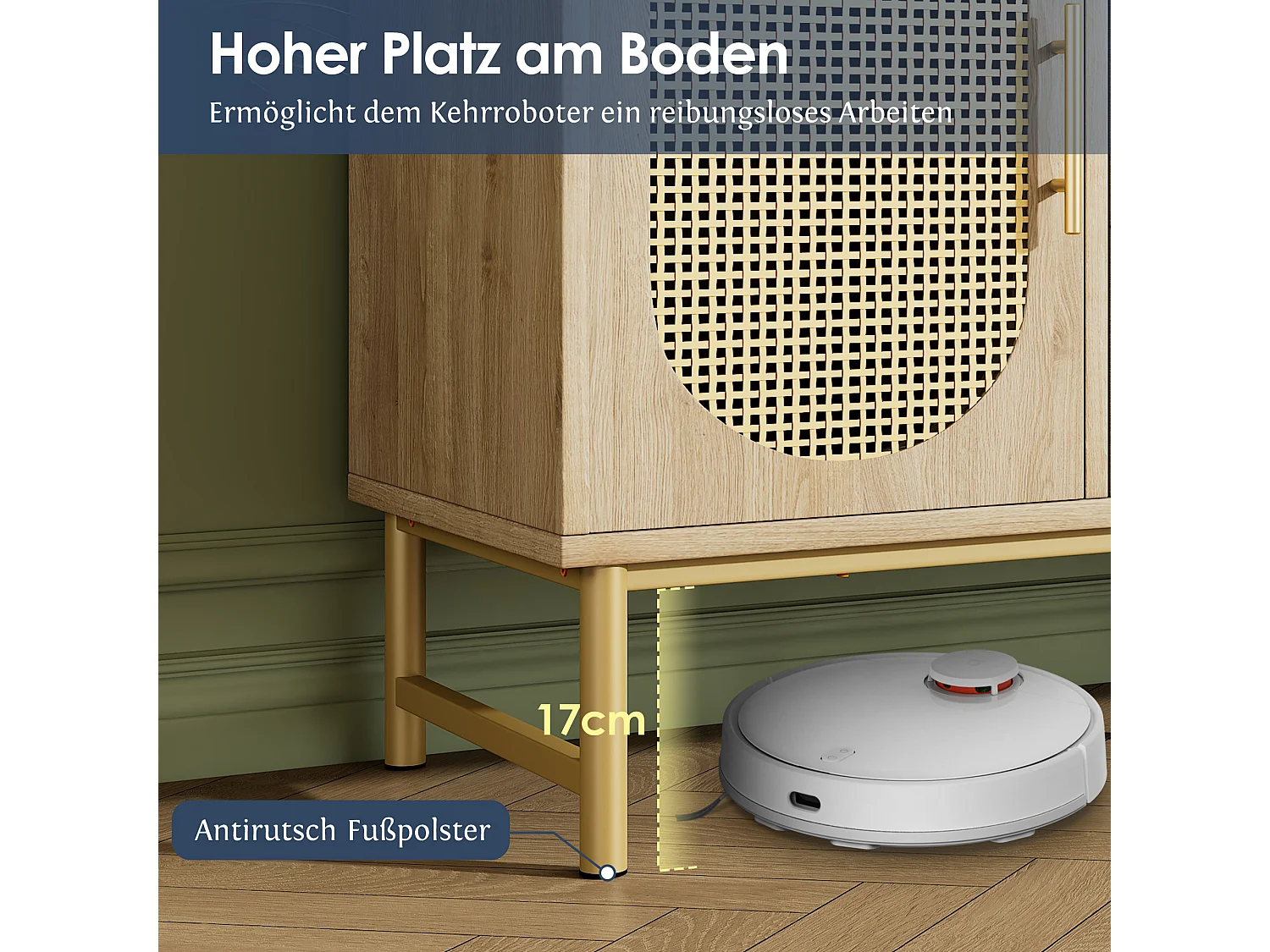 Rattan Buffet, 3 tiroirs et 2 portes en rattan, design moderne, bois, blanc, avec étagères réglables (120x40x74 cm)