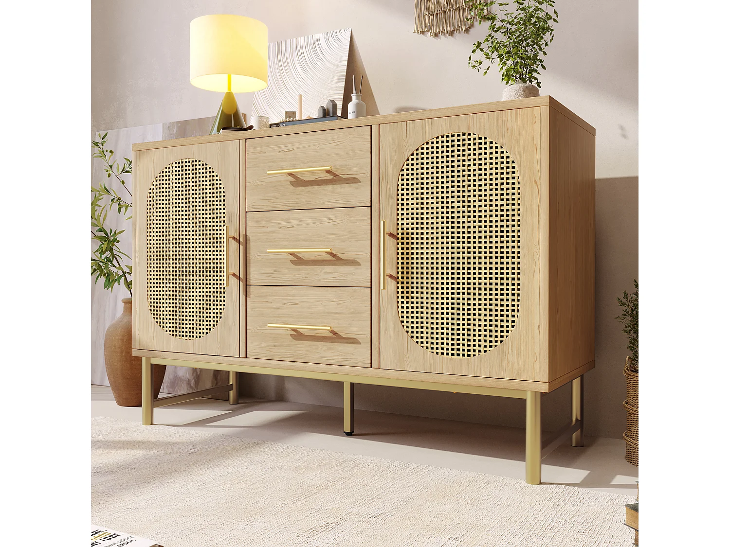 Rattan Buffet, 3 tiroirs et 2 portes en rattan, design moderne, bois, blanc, avec étagères réglables (120x40x74 cm)