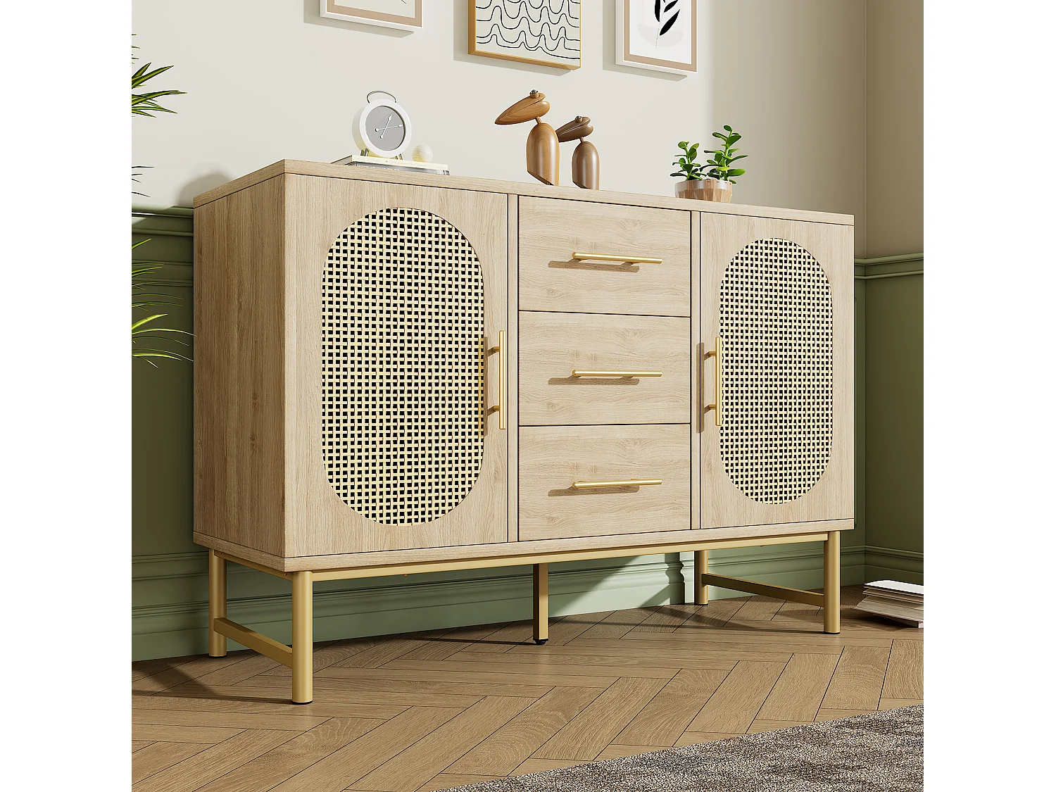 Rattan Buffet, 3 tiroirs et 2 portes en rattan, design moderne, bois, blanc, avec étagères réglables (120x40x74 cm)