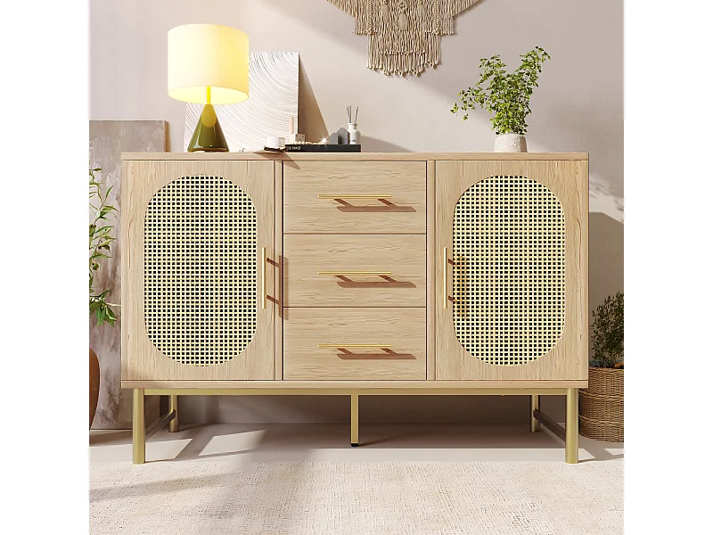 Rattan Buffet, 3 tiroirs et 2 portes en rattan, design moderne, bois, blanc, avec étagères réglables (120x40x74 cm)