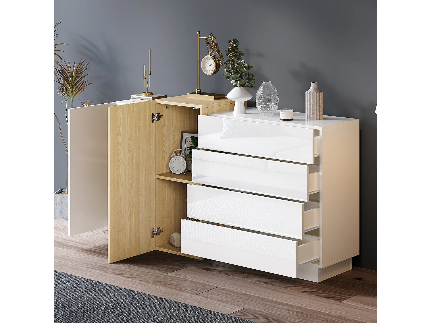 Modern wit gelakt dressoir met opbergruimte, minimalistisch design, MDF, lichte houtkleur, (160x37x75 cm)