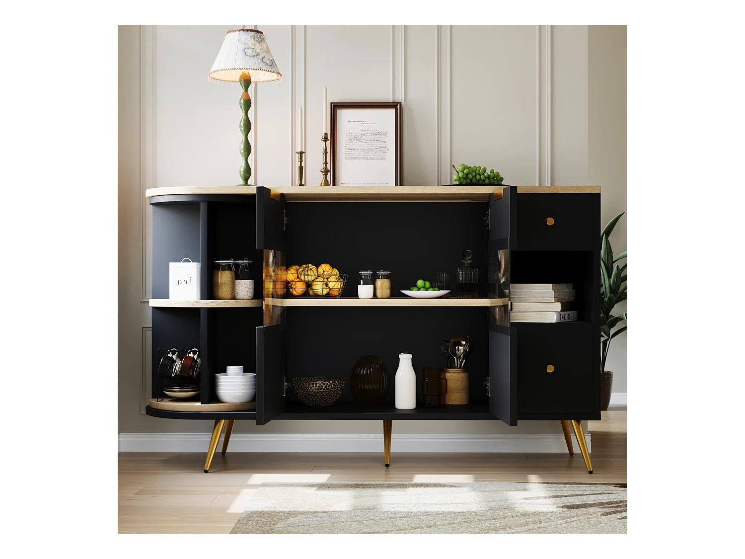 Buffet avec portes en verre et LED, meuble de rangement multifonction, MDF, noir (130x40x80 cm)