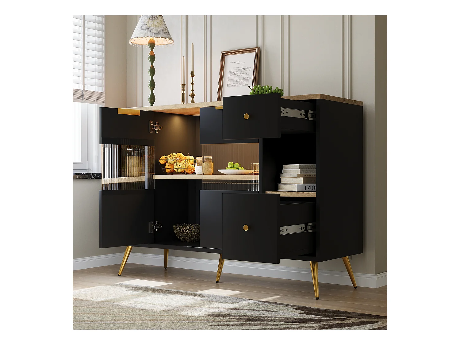 Buffet avec portes en verre et LED, meuble de rangement multifonction, MDF, noir (130x40x80 cm)