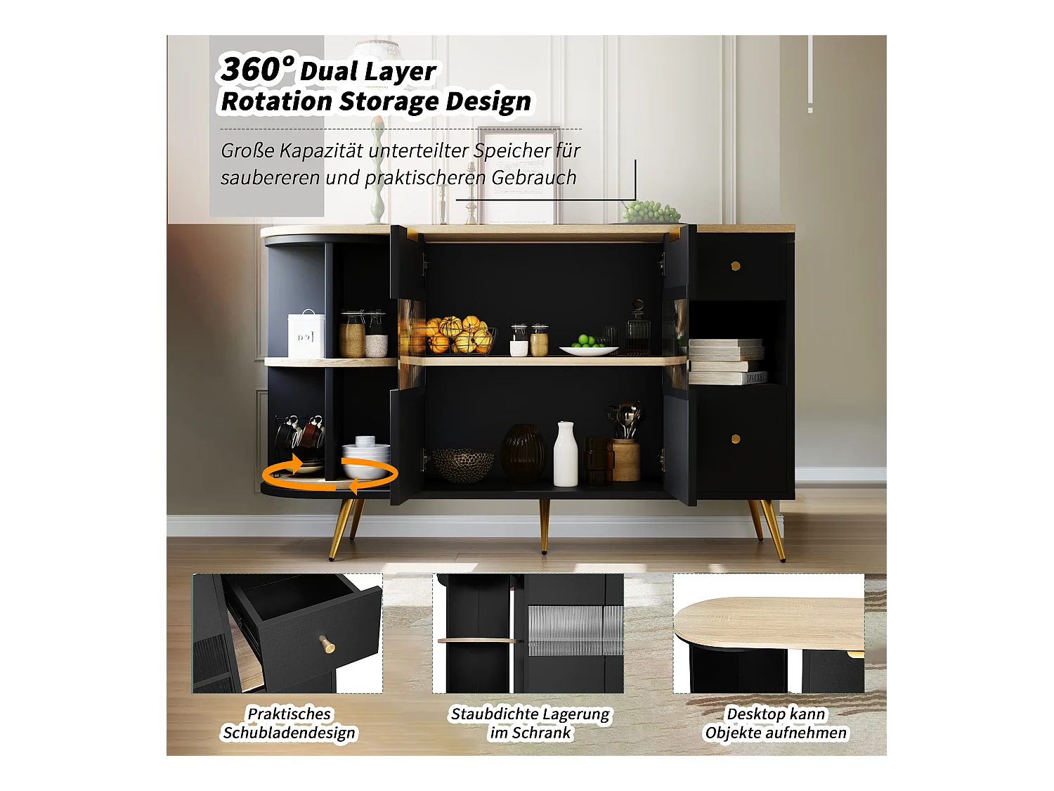 Buffet avec portes en verre et LED, meuble de rangement multifonction, MDF, noir (130x40x80 cm)