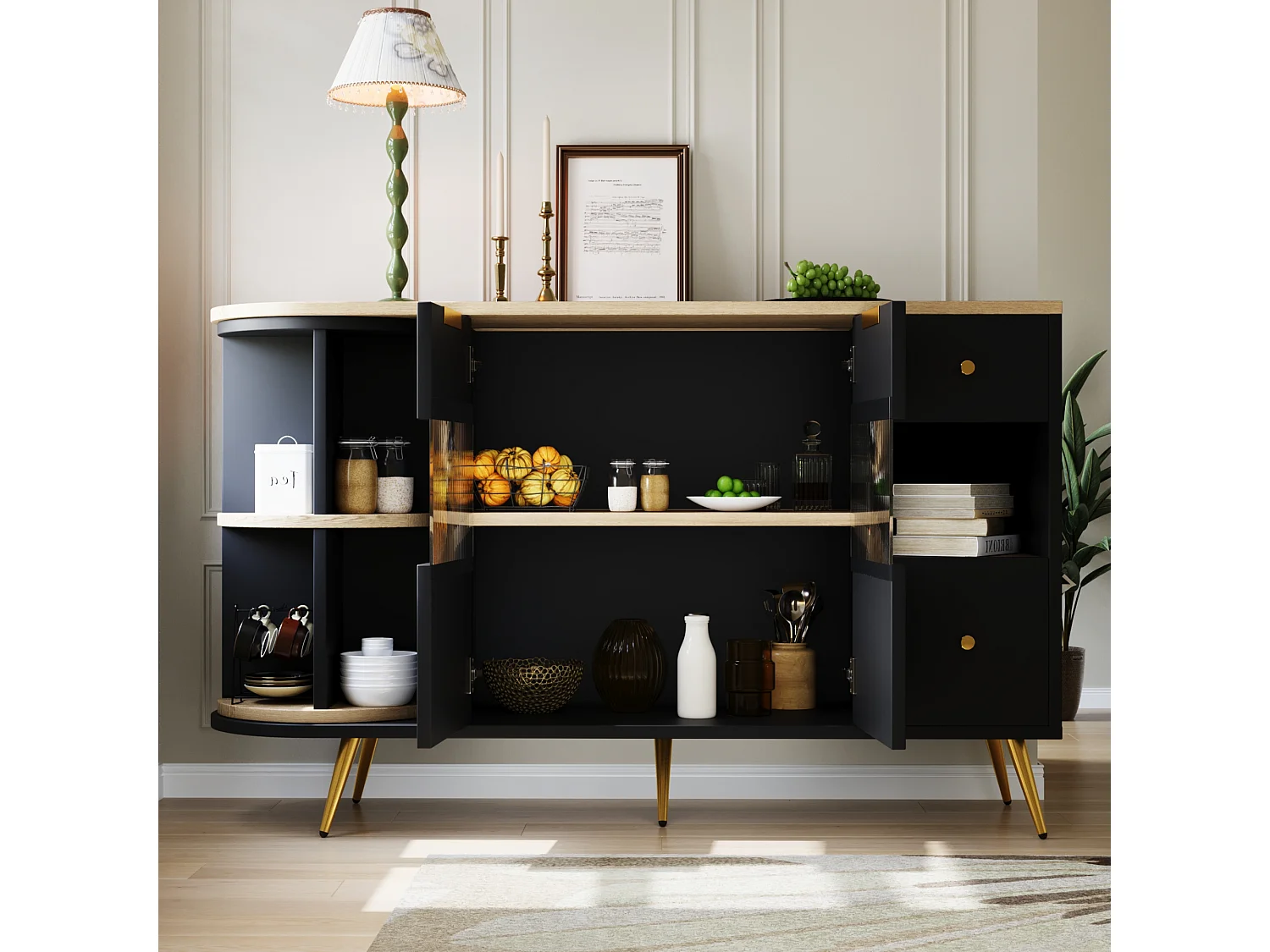 Buffet avec portes en verre et LED, meuble de rangement multifonction, MDF, noir (130x40x80 cm)