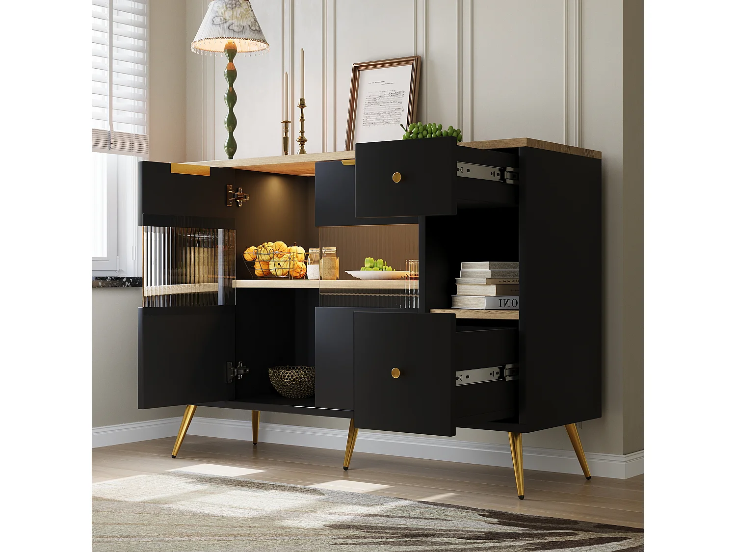 Buffet avec portes en verre et LED, meuble de rangement multifonction, MDF, noir (130x40x80 cm)