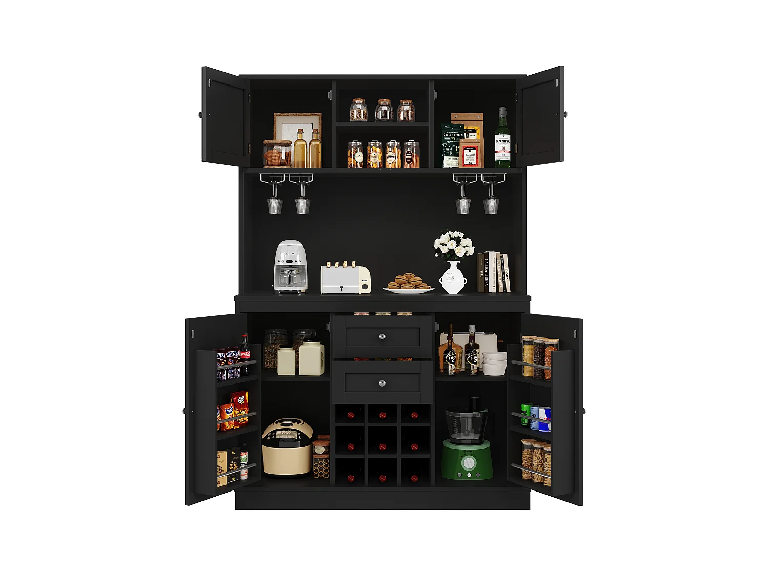 Buffet de cuisine avec étagères réglables et porte-bouteilles, MDF, noir (120x40x188 cm)