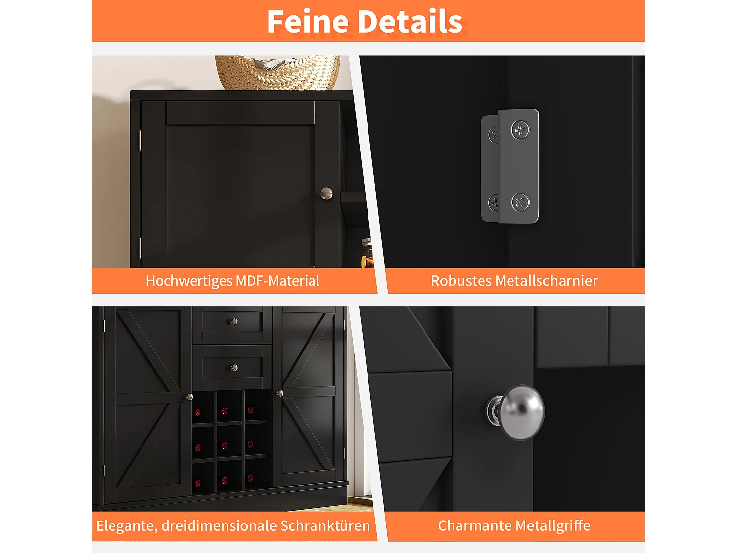 Keukendressoir met verstelbare planken en flessenrek, MDF, zwart (120x40x188 cm)