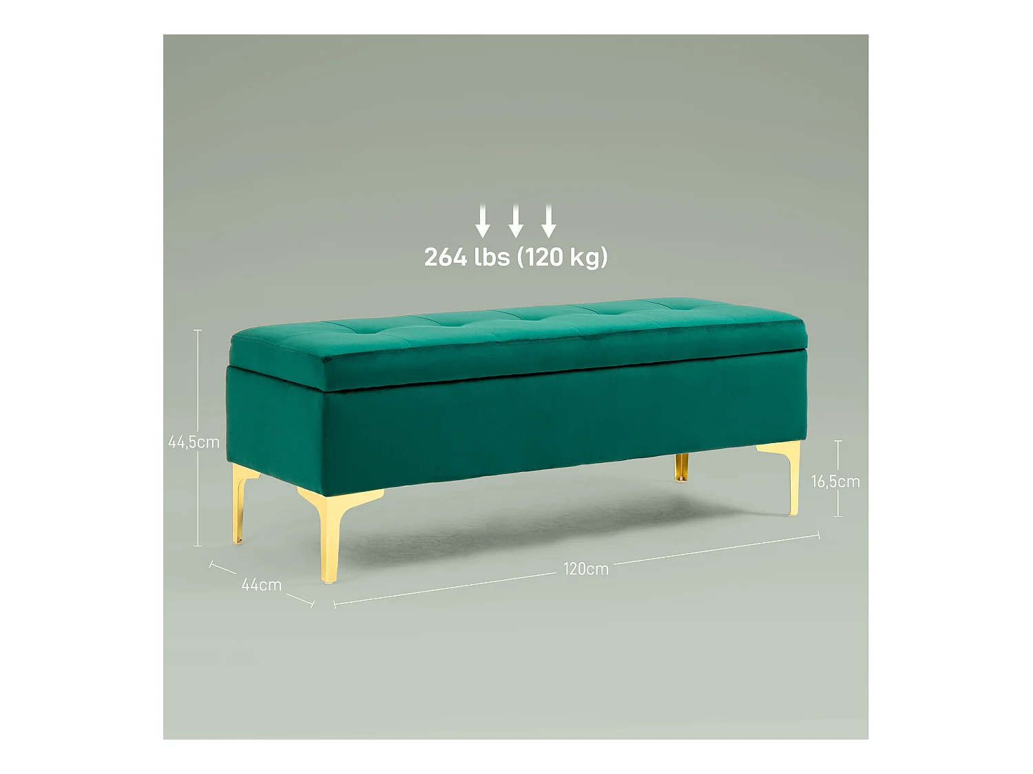 Banc de rangement en velours avec pieds métalliques, vert, 120x44x44.5 cm