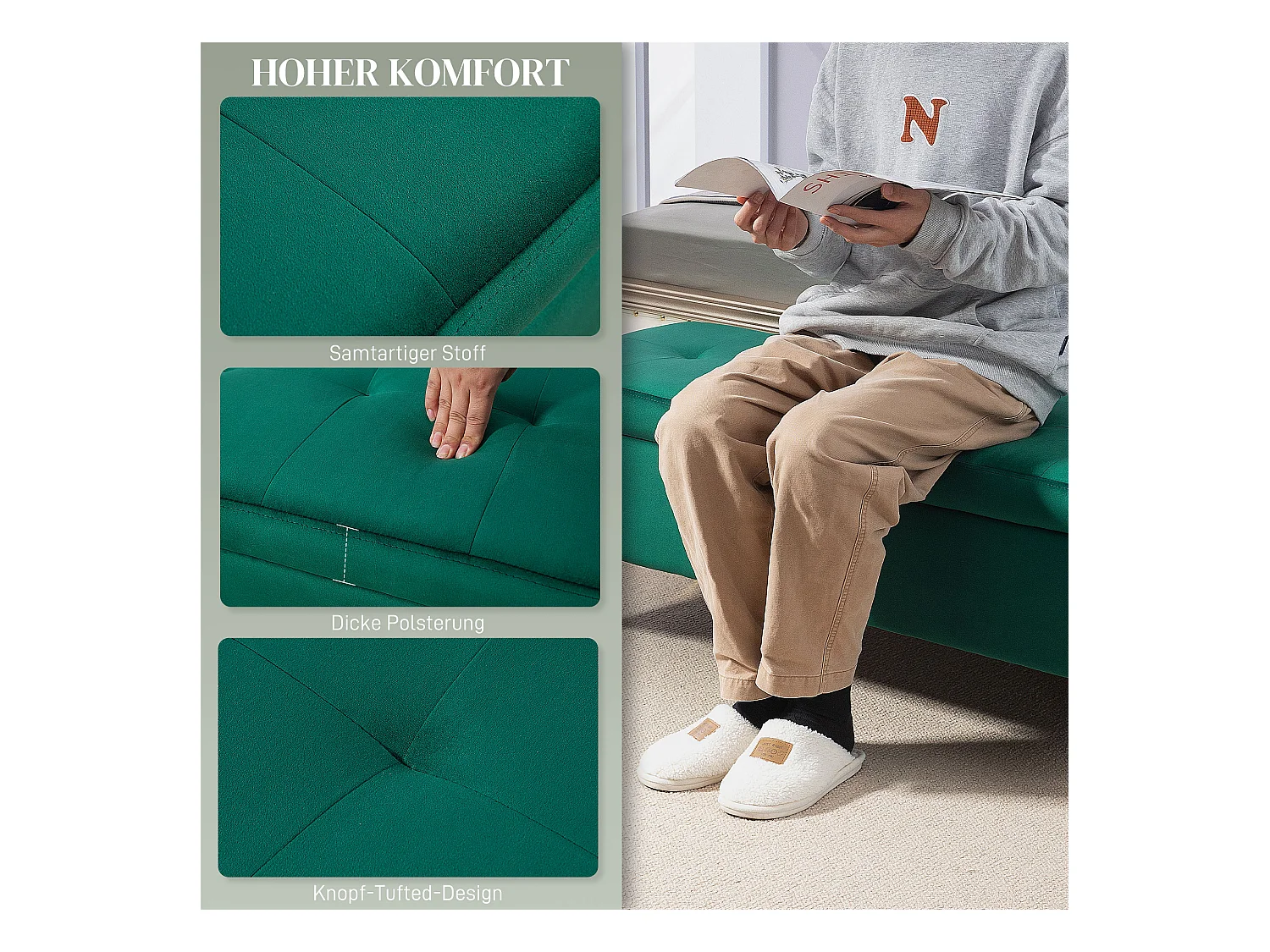 Banc de rangement en velours avec pieds métalliques, vert, 120x44x44.5 cm